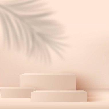 Pembe geometrik 3 boyutlu podyumlarla soyut arka plan. Vektör illüstrasyonu