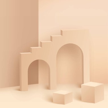 Krem rengi geometrik 3 boyutlu podyumlarla soyut arkaplan. Vektör illüstrasyonu.