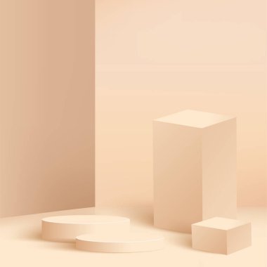 Krem rengi geometrik 3 boyutlu podyumlarla soyut arkaplan. Vektör illüstrasyonu.