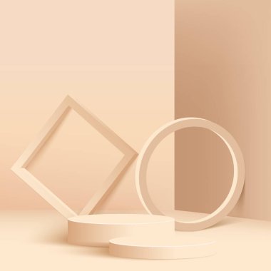 Krem rengi geometrik 3 boyutlu podyumlarla soyut arkaplan. Vektör illüstrasyonu.