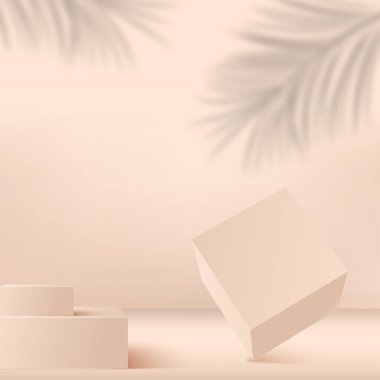 Krem rengi geometrik 3 boyutlu podyumlarla soyut arkaplan. Vektör illüstrasyonu