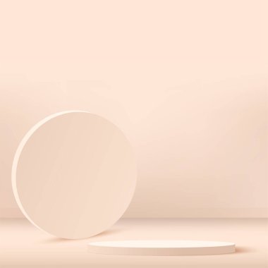 Krem rengi geometrik 3 boyutlu podyumlarla soyut arkaplan. Vektör illüstrasyonu