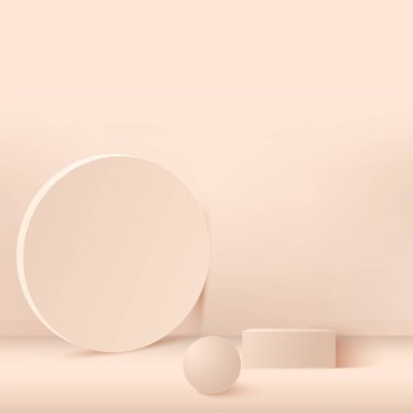 Krem rengi geometrik 3 boyutlu podyumlarla soyut arkaplan. Vektör illüstrasyonu