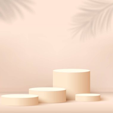 Krem rengi geometrik 3 boyutlu podyumlarla soyut arkaplan. Vektör illüstrasyonu