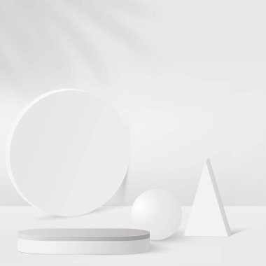Beyaz renkli geometrik üç boyutlu podyumlarla soyut arkaplan. Vektör illüstrasyonu.