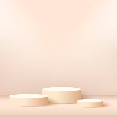 Pembe renkli geometrik üç boyutlu podyumlarla soyut arkaplan. Vektör illüstrasyonu.