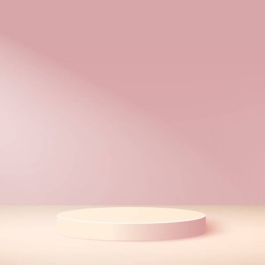 Pembe renkli geometrik üç boyutlu podyumlarla soyut arkaplan. Vektör illüstrasyonu.