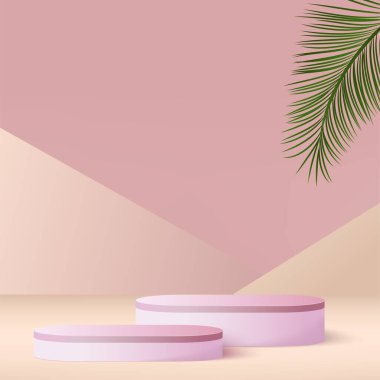 Pembe renkli geometrik üç boyutlu podyumlarla soyut arkaplan. Vektör illüstrasyonu.