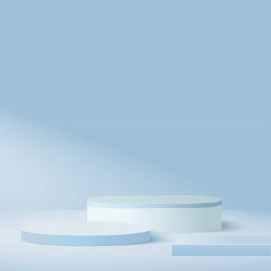 Mavi renkli geometrik üç boyutlu podyumlarla soyut arkaplan. Vektör illüstrasyonu