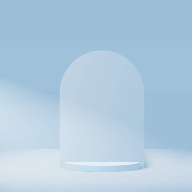 Mavi renkli geometrik üç boyutlu podyumlarla soyut arkaplan. Vektör illüstrasyonu