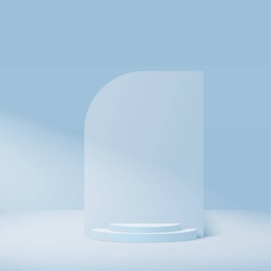 Mavi renkli geometrik üç boyutlu podyumlarla soyut arkaplan. Vektör illüstrasyonu