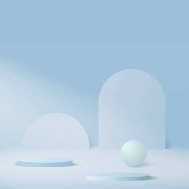 Mavi renkli geometrik üç boyutlu podyumlarla soyut arkaplan. Vektör illüstrasyonu