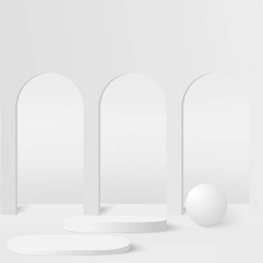 Beyaz renkli geometrik üç boyutlu podyumlarla soyut arkaplan. Vektör illüstrasyonu.