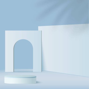 Mavi renkli geometrik üç boyutlu podyumlarla soyut arkaplan. Vektör illüstrasyonu.