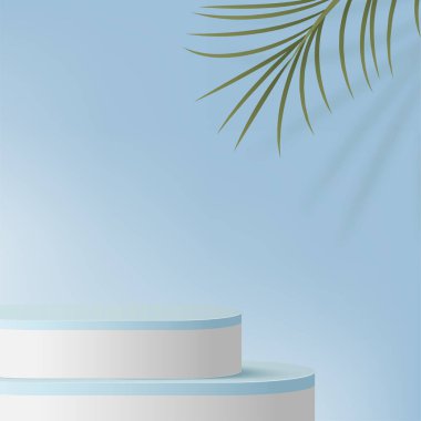 Mavi renkli geometrik üç boyutlu podyumlarla soyut arkaplan. Vektör illüstrasyonu.