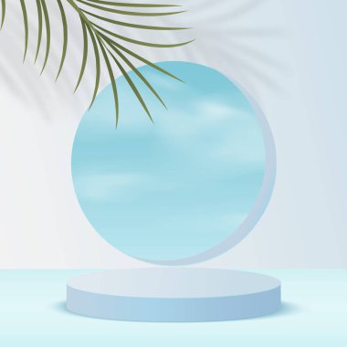 Mavi renkli geometrik 3d gökyüzü podyumlarıyla soyut arkaplan. Vektör.