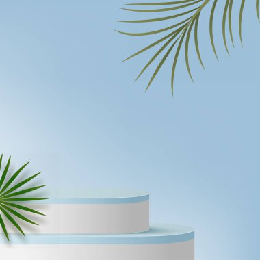 Mavi renkli geometrik üç boyutlu podyumlarla soyut arkaplan. Vektör illüstrasyonu.