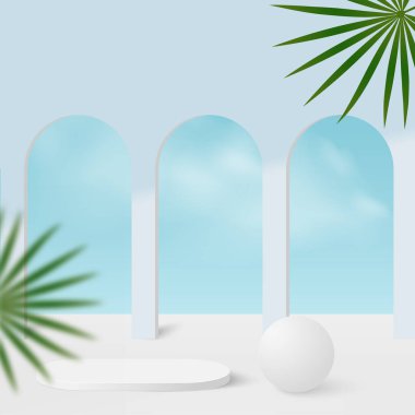 Mavi renkli geometrik üç boyutlu podyumlarla soyut arkaplan. Vektör illüstrasyonu.