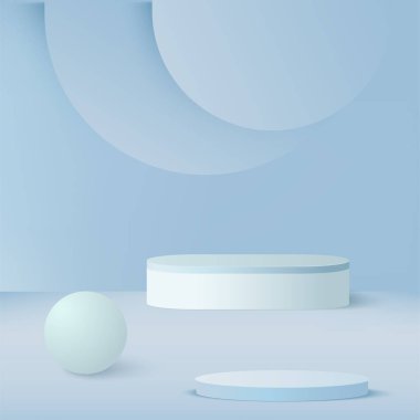 Mavi renkli geometrik üç boyutlu podyumlarla soyut arkaplan. Vektör.