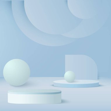 Mavi renkli geometrik üç boyutlu podyumlarla soyut arkaplan. Vektör.