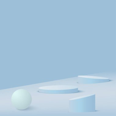 Mavi renkli geometrik üç boyutlu podyumlarla soyut arkaplan. Vektör.