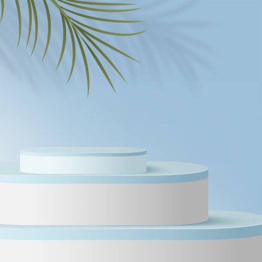 Mavi renkli geometrik üç boyutlu podyumlarla soyut arkaplan. Vektör illüstrasyonu.