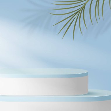 Mavi renkli geometrik üç boyutlu podyumlarla soyut arkaplan. Vektör illüstrasyonu.