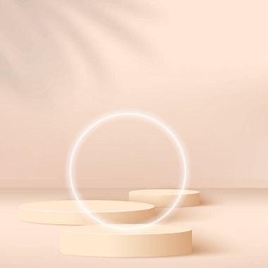 Krem rengi geometrik 3 boyutlu podyumlarla soyut arkaplan. Vektör illüstrasyonu.