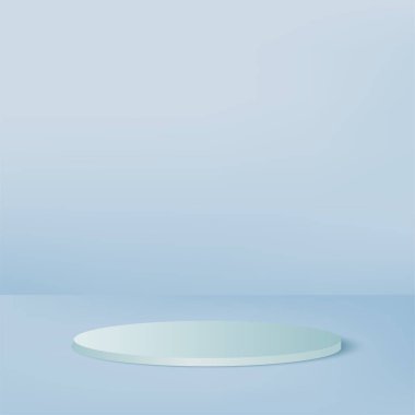 Mavi renkli geometrik üç boyutlu podyumlarla soyut arkaplan. Vektör illüstrasyonu.