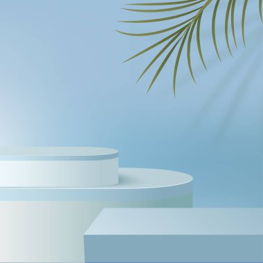 Mavi renkli geometrik üç boyutlu podyumlarla soyut arkaplan. Vektör illüstrasyonu.