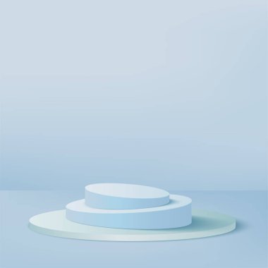 Mavi renkli geometrik üç boyutlu podyumlarla soyut arkaplan. Vektör illüstrasyonu.