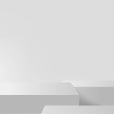 Beyaz renkli geometrik üç boyutlu podyumlarla soyut arkaplan. Vektör illüstrasyonu.