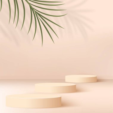 Krem rengi geometrik 3 boyutlu podyumlarla soyut arkaplan. Vektör illüstrasyonu.