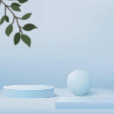 Mavi renkli geometrik üç boyutlu podyumlarla soyut arkaplan. Vektör illüstrasyonu.