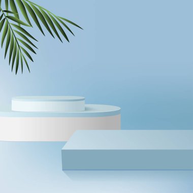 Mavi renkli geometrik üç boyutlu podyumlarla soyut arkaplan. Vektör illüstrasyonu.