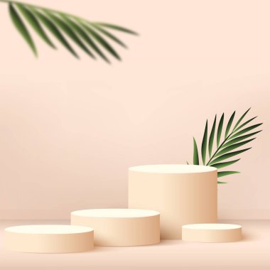 Krem rengi geometrik 3 boyutlu podyumlarla soyut arkaplan. Vektör illüstrasyonu.