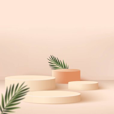 Krem rengi geometrik 3 boyutlu podyumlarla soyut arkaplan. Vektör illüstrasyonu.