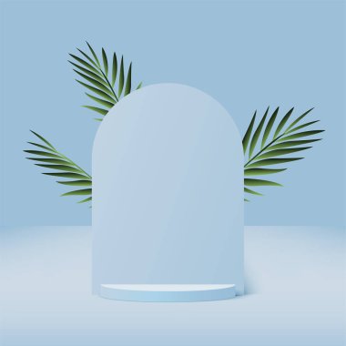 Mavi renkli geometrik üç boyutlu podyumlarla soyut arkaplan. Vektör illüstrasyonu.