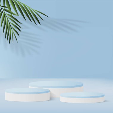 Mavi renkli geometrik üç boyutlu podyumlarla soyut arkaplan. Vektör illüstrasyonu.