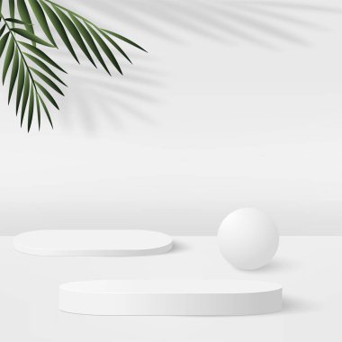 Beyaz renkli geometrik üç boyutlu podyumlarla soyut arkaplan. Vektör illüstrasyonu.