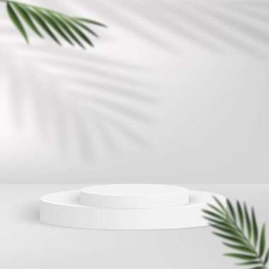 Beyaz renkli geometrik üç boyutlu podyumlarla soyut arkaplan. Vektör illüstrasyonu.