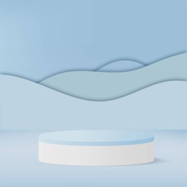 Mavi renkli geometrik üç boyutlu podyumlarla soyut arkaplan. Vektör illüstrasyonu.