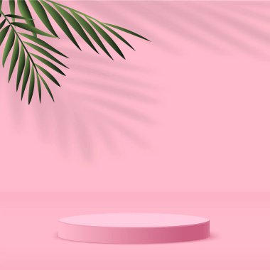 Pembe renkli geometrik üç boyutlu podyumlarla soyut arkaplan. Vektör illüstrasyonu.