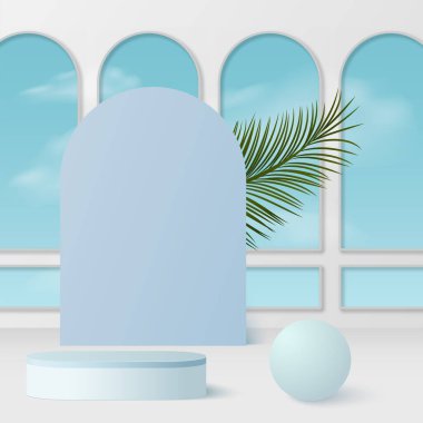 Mavi renkli geometrik üç boyutlu podyumlarla soyut arkaplan. Vektör illüstrasyonu