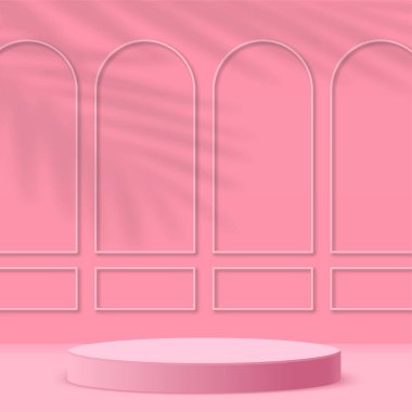 Pembe renkli geometrik üç boyutlu podyumlarla soyut arkaplan. Vektör illüstrasyonu.