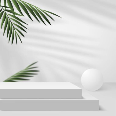 Beyaz renkli geometrik üç boyutlu podyumlarla soyut arkaplan. Vektör illüstrasyonu.