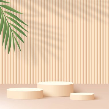 Krem rengi geometrik 3 boyutlu podyumlarla soyut arkaplan. Vektör illüstrasyonu