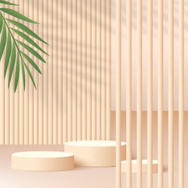 Krem rengi geometrik 3 boyutlu podyumlarla soyut arkaplan. Vektör illüstrasyonu.
