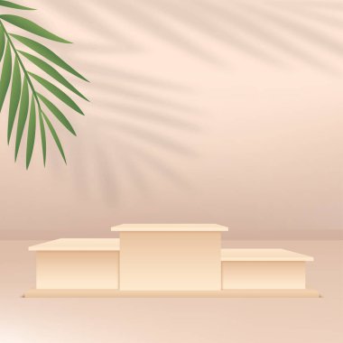 Krem rengi geometrik 3 boyutlu podyumlarla soyut arkaplan. Vektör illüstrasyonu.