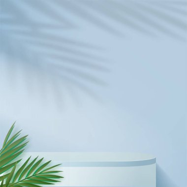 Mavi renkli geometrik üç boyutlu podyumlarla soyut arkaplan. Vektör illüstrasyonu.